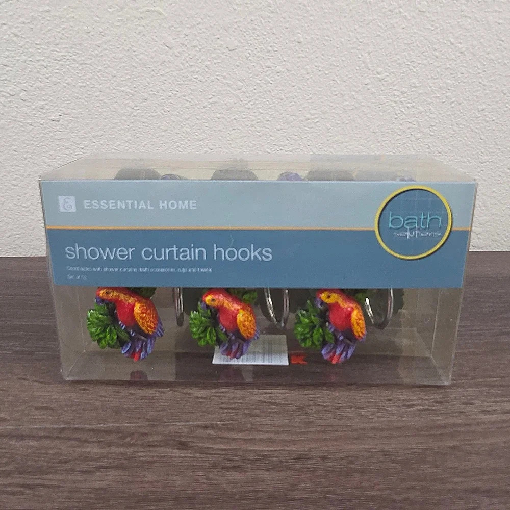 Vintage NOS Rainforest Shower Curtain Hooks Parrot Toucan Set of 12 Tropical